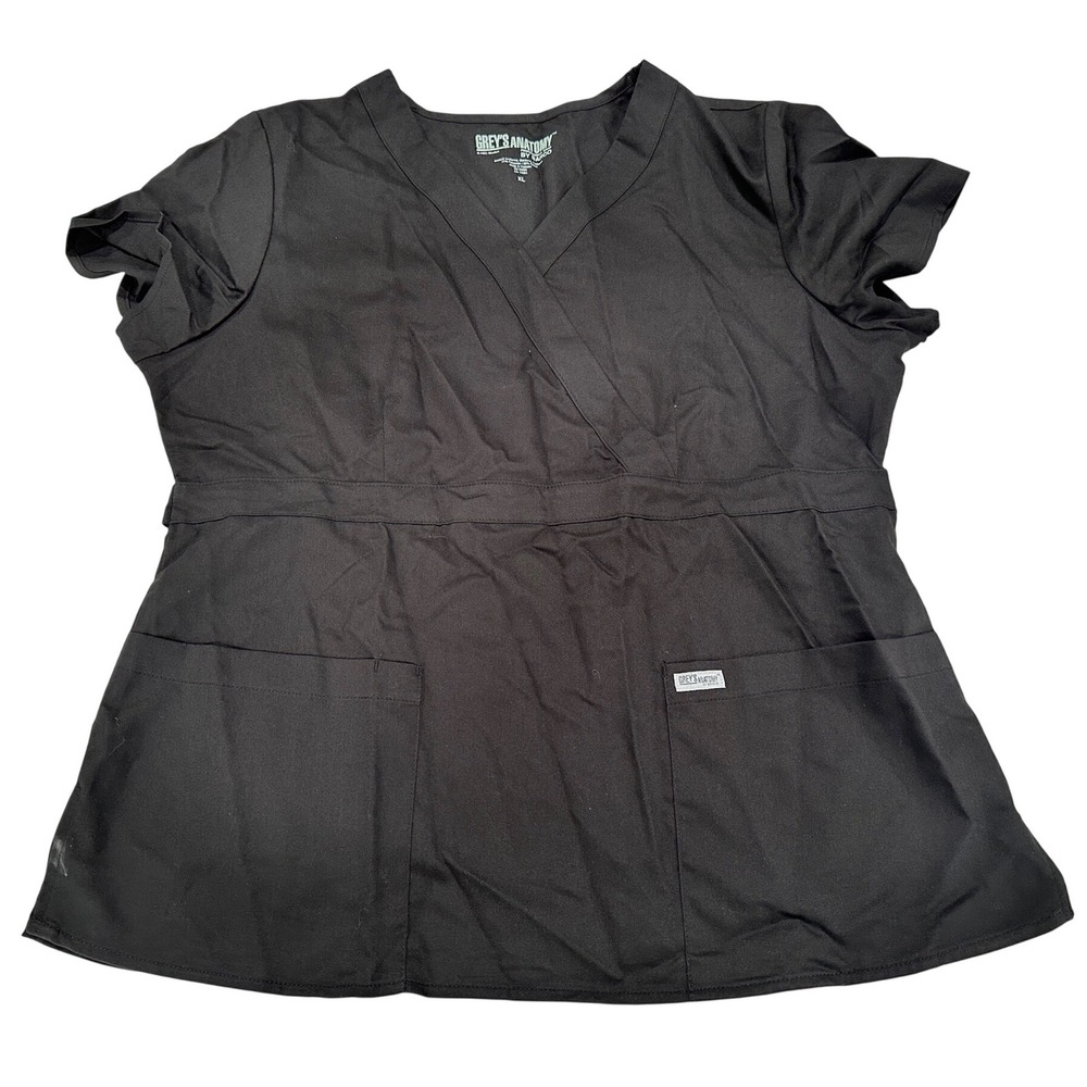Greys Anatomy by Barco Scrub Top Womens XL Black 3 Pocket Mock‎ Wrap NWT